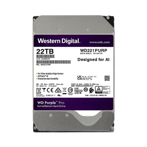 WD221PURP西數(shù)22TB SATA Purple PRO監(jiān)控AI錄像機硬盤